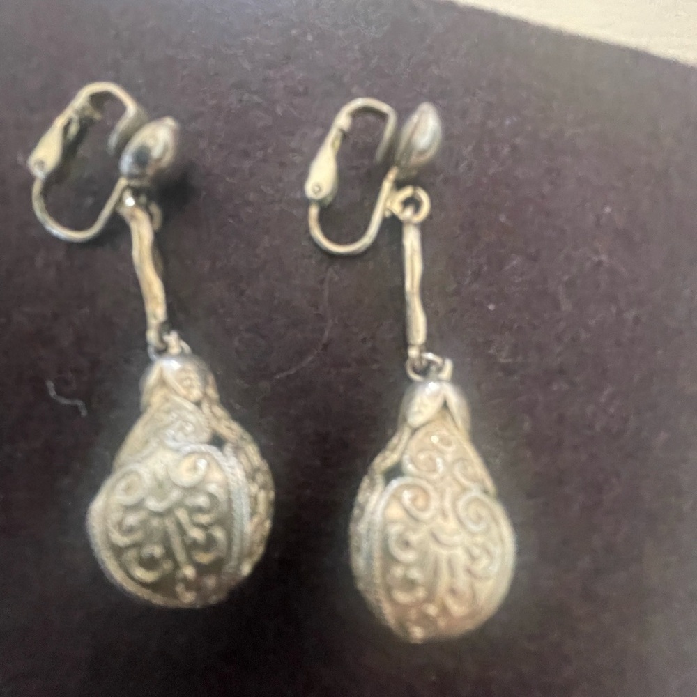 Vintage Elegant Silver Drop Clip On Earrings - Detailed Scroll Work - Antique!